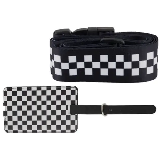 Checkered Luggage Strap & Tag Black-White Close Up